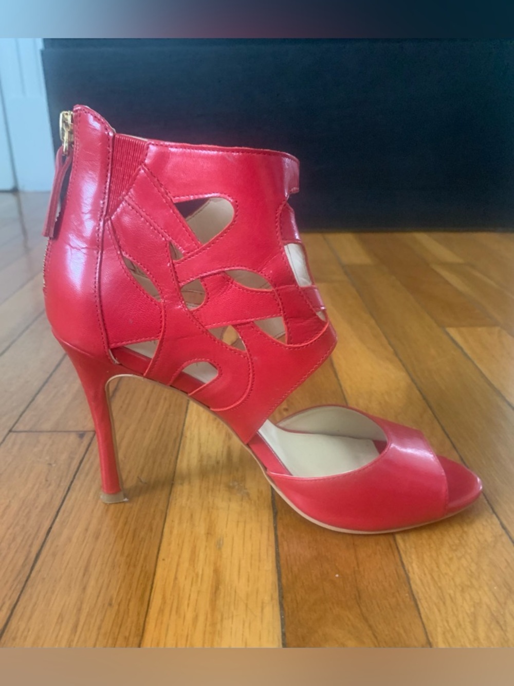 Nine West Red Fabeyana Open Toe Cage Cutout Stiletto Ankle Shoes - Size 7.5 - Picture 3 of 8